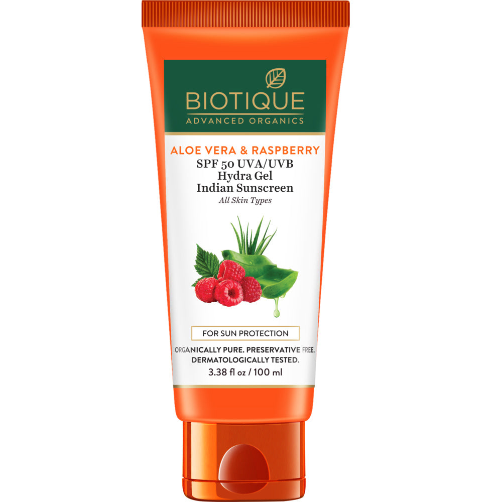 Biotique aloe vera & raspberry spf 50 hydra gel indian sunscreen 100g