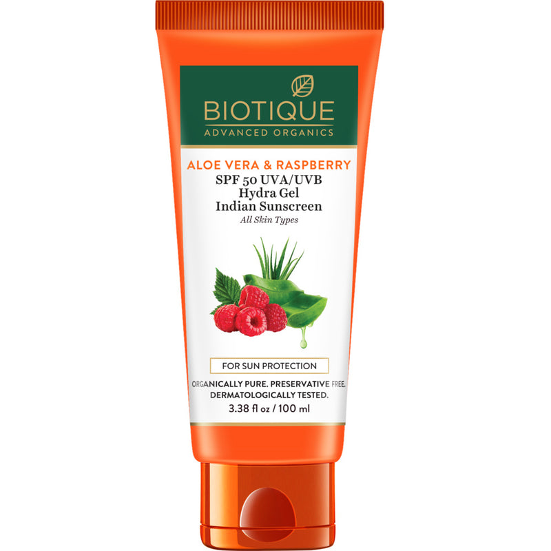 Biotique aloe vera & raspberry spf 50 hydra gel indian sunscreen 100g