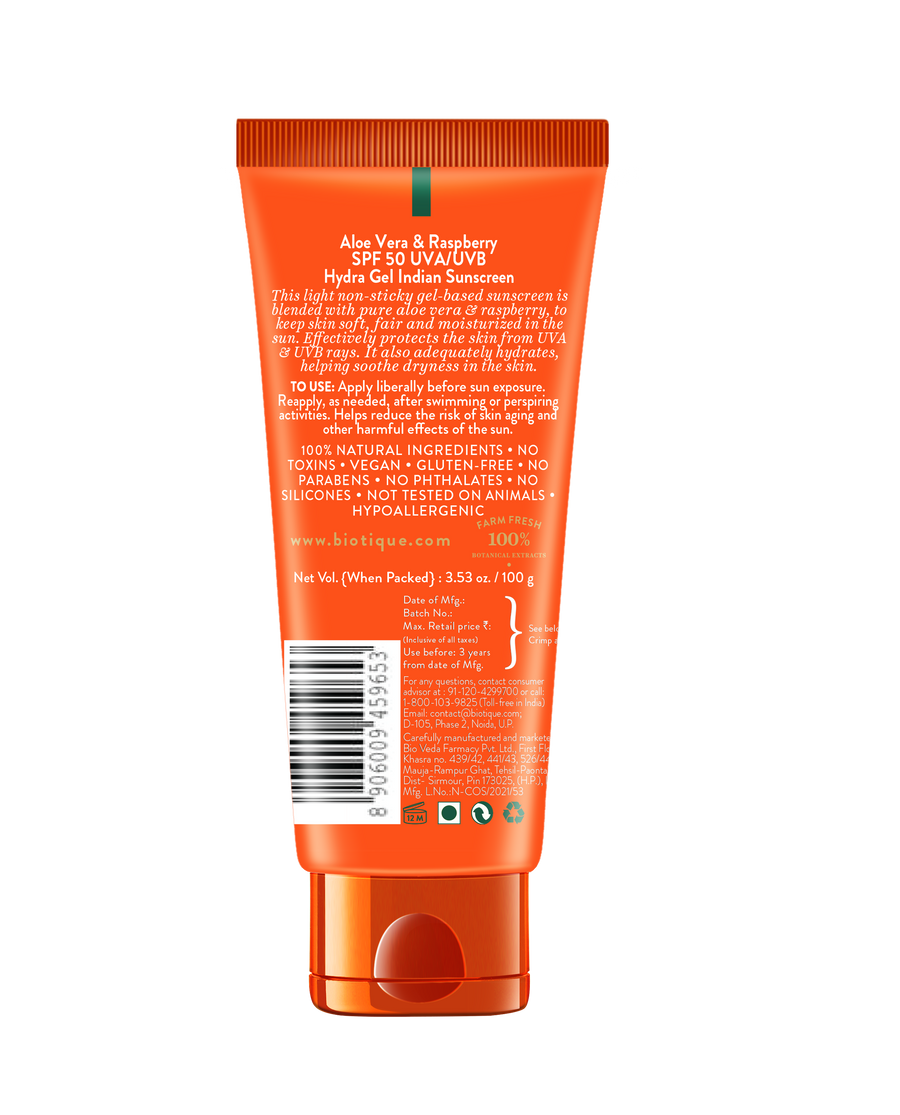 BIOTIQUE ALOE VERA & RASPBERRY SPF 50 Hydra Gel Indian Sunscreen 100g