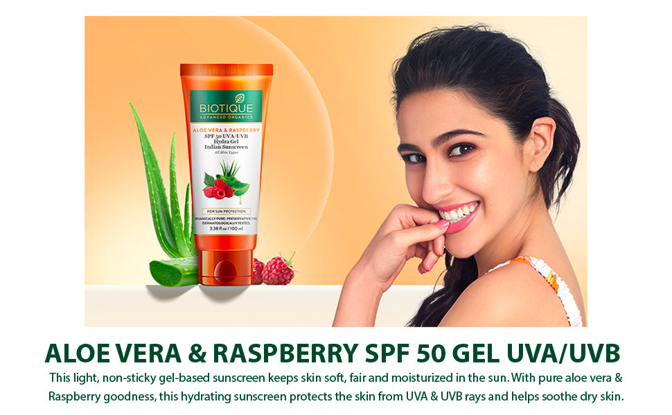 Biotique aloe vera & raspberry spf 50 hydra gel indian sunscreen 100g