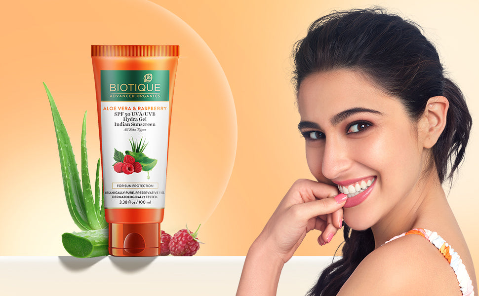 BIOTIQUE ALOE VERA & RASPBERRY SPF 50 Hydra Gel Indian Sunscreen 100g A+ content