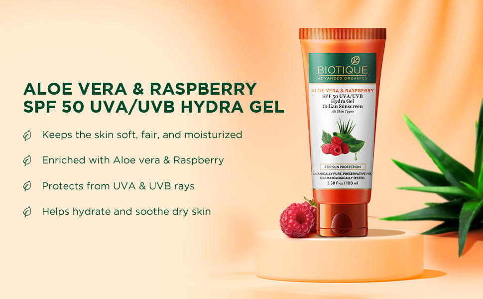 BIOTIQUE ALOE VERA & RASPBERRY SPF 50 Hydra Gel Indian Sunscreen 100g A+ content
