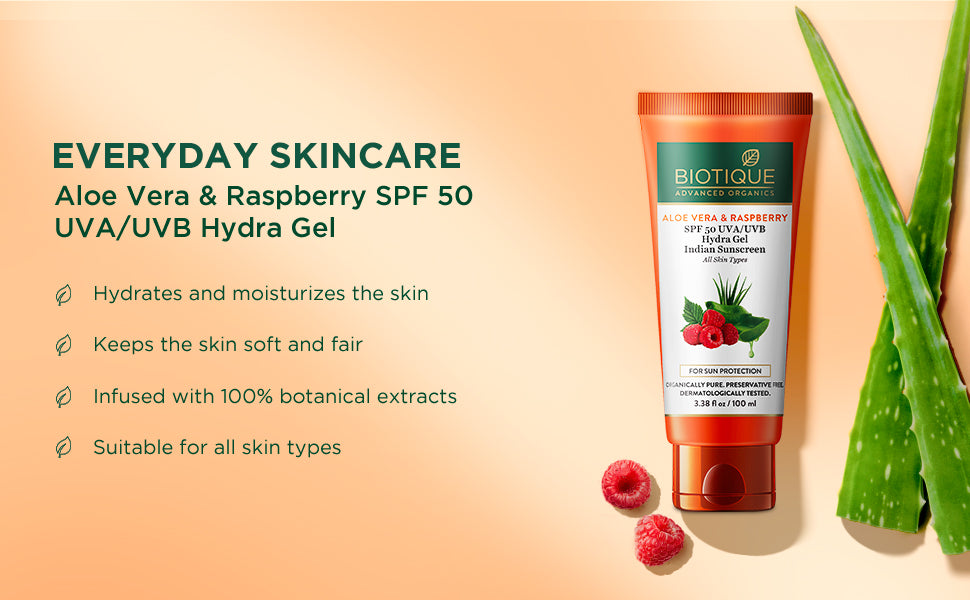 BIOTIQUE ALOE VERA & RASPBERRY SPF 50 Hydra Gel Indian Sunscreen 100g A+ content